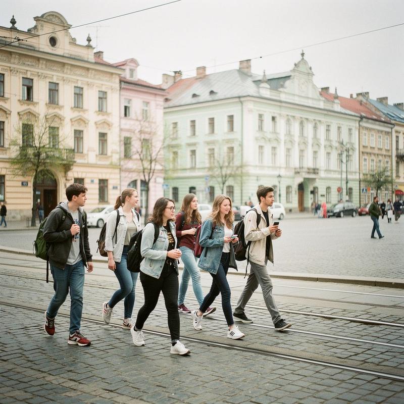 Students walking across Rynok Square in Lviv on an April departure