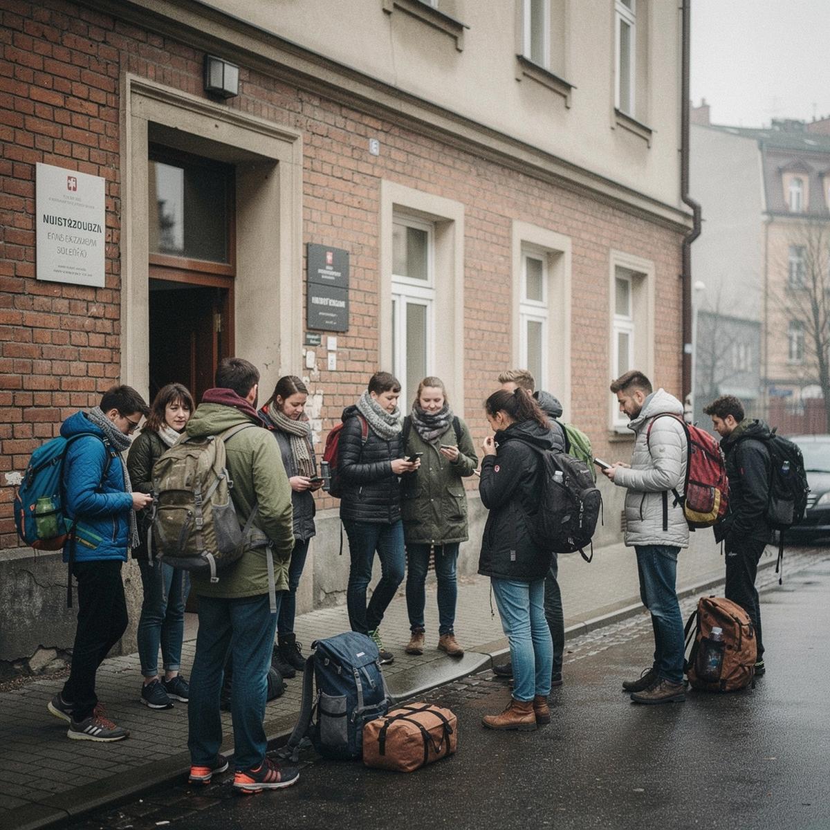 Student group with backpacks outside a hostel doorway in Krakow on the last morning of a five-night departure